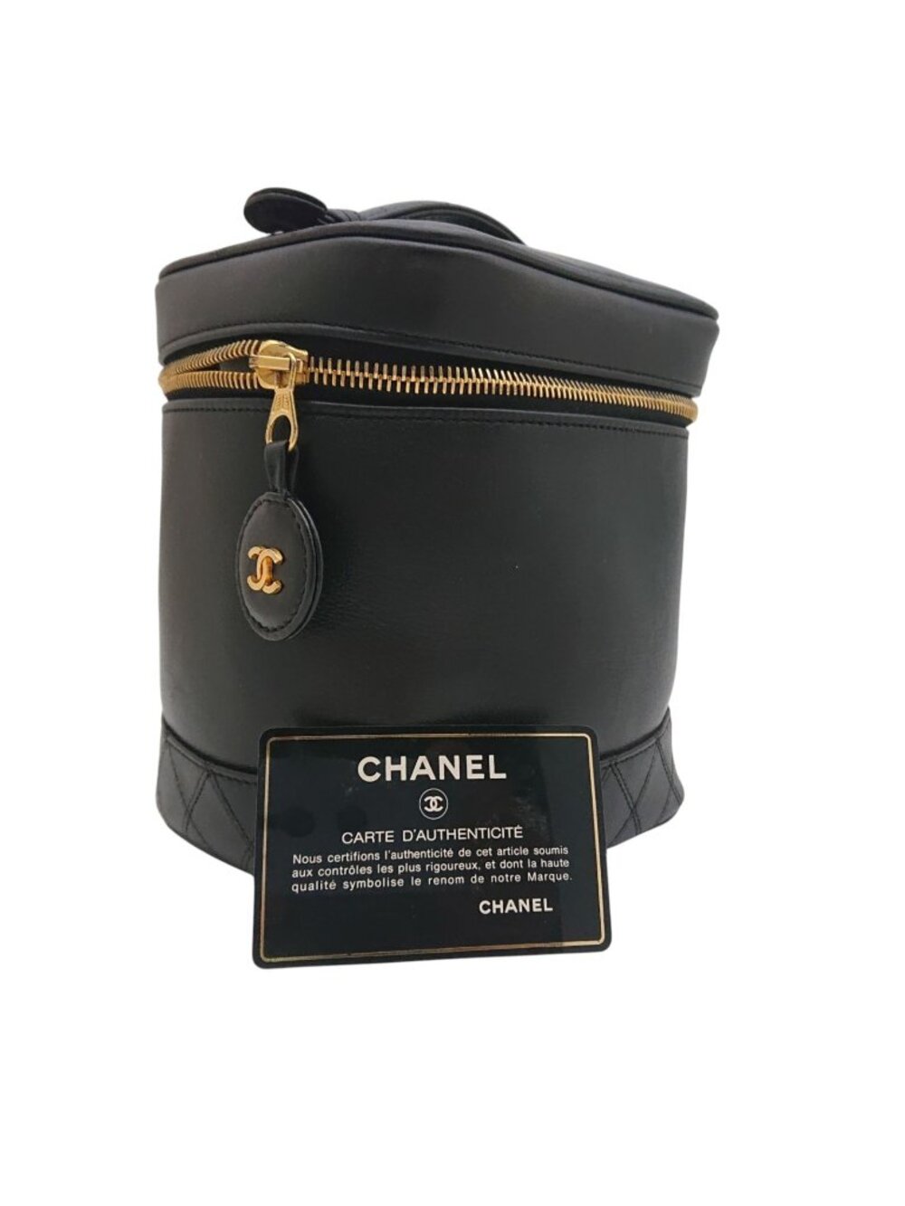 Chanel Vintage Vanity Bag Black Leather Gold CC Logo with Card